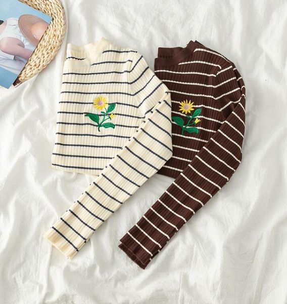women's autumn new korean slim embroidered flower striped knit sweater women, White;black
women's autumn new korean slim embroidered flower striped knit sweater women, White;black