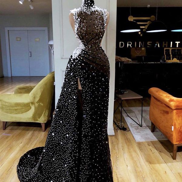 pearls beading prom dresses bling bling high collar illusion evening gowns formal pageant party dress vestidos de novia, Black
pearls beading prom dresses bling bling high collar illusion evening gowns formal pageant party dress vestidos de novia, Black