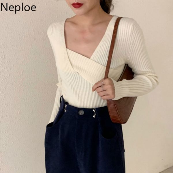 neploe retro chic cross design skinny sweater v neck solid irregular long sleeve knit pull femme autumn winter bottom pullover 201017, White;black
neploe retro chic cross design skinny sweater v neck solid irregular long sleeve knit pull femme autumn winter bottom pullover 201017, White;black