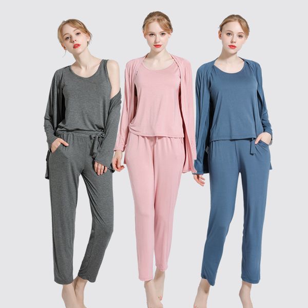2021 new big size pajamas three pieces spring, summer fall loose jacket long female thin vest house wear suit gs4c, Gray
2021 new big size pajamas three pieces spring, summer fall loose jacket long female thin vest house wear suit gs4c, Gray