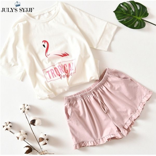 july's syjjfcotton flamingo sleepwear women's pajamas set and shorts soft short sleeves spring summer pajamas suit y200425, Black;red
july's syjjfcotton flamingo sleepwear women's pajamas set and shorts soft short sleeves spring summer pajamas suit y200425, Black;red