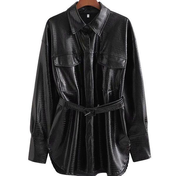 women new fashion retro crocodile texture belt pu artificial leather clothing female locomotive single breasted long jacket, Black
women new fashion retro crocodile texture belt pu artificial leather clothing female locomotive single breasted long jacket, Black