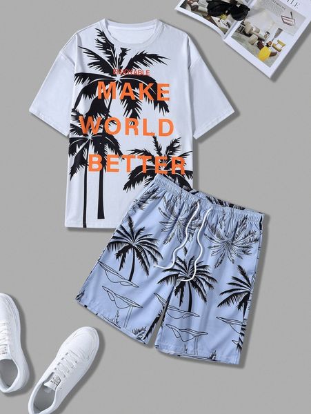 men slogan and palm tree print drop shoulder tee & shorts q2eb#, Gray