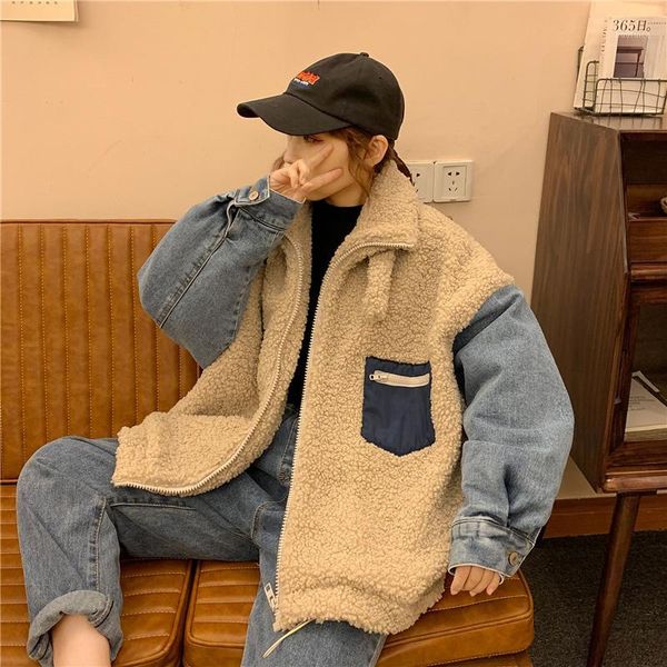 women's lambswool denim patchwork jackets winter stand collar plush thicken female coats 2020 fashion drawstring ladies outwear1, Black
women's lambswool denim patchwork jackets winter stand collar plush thicken female coats 2020 fashion drawstring ladies outwear1, Black