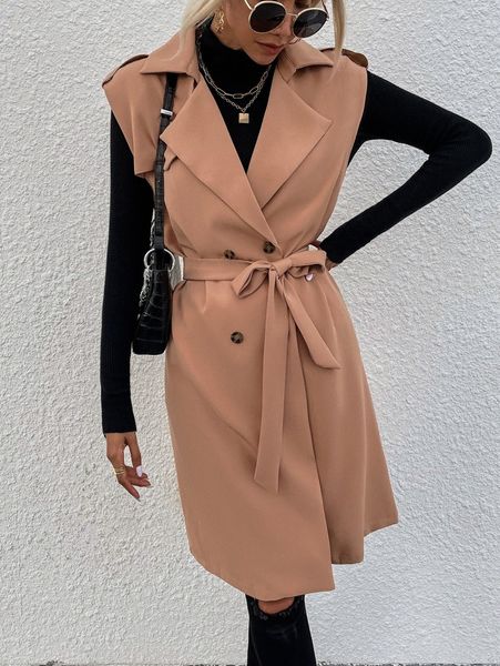 solid belted sleeveless trench coat e8fy#, Tan;black