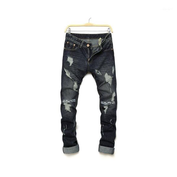 men's jeans unique fashion brand hole trend personality letter printing street tide pants straight slim denim trousers men1, Blue
men's jeans unique fashion brand hole trend personality letter printing street tide pants straight slim denim trousers men1, Blue
