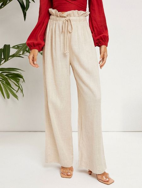 paperbag waist knotted wide leg pants o95j#, Black;white 
paperbag waist knotted wide leg pants o95j#, Black;white