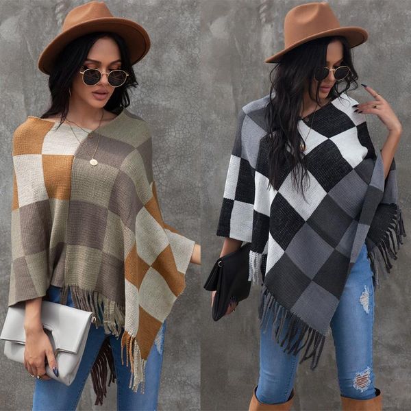 women's knitting shirt plaid fall loose elastic casual party irregular hem personality v-neck cloak, White
women's knitting shirt plaid fall loose elastic casual party irregular hem personality v-neck cloak, White