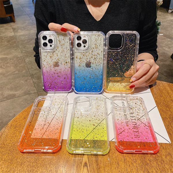 Image of Bling Bling Phone Case For iPhone 14 Plus 14Plus 14Promax 13 Pro Max 12 Mini 11 XR XS 7 8 SE 3 In 1 Clear Gradient Color Gold Glitter Anti-scratch Cover