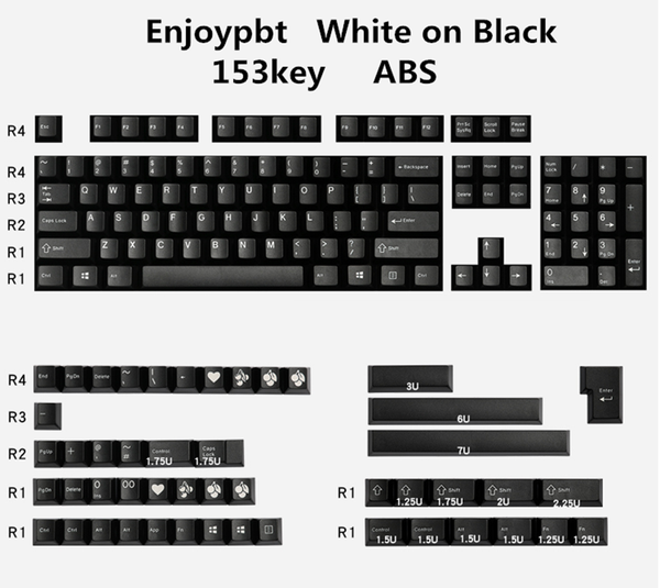 keyboards enjoypbt keycaps white on black 153 key abs material is suitable for most mechanical
keyboards enjoypbt keycaps white on black 153 key abs material is suitable for most mechanical