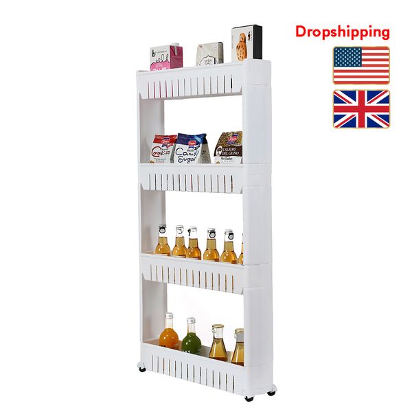Stock In Us Uk Kitchen Storage Shelves With Wheel Portable 4 Layer Plastic Rack Organizer White Dropshipping