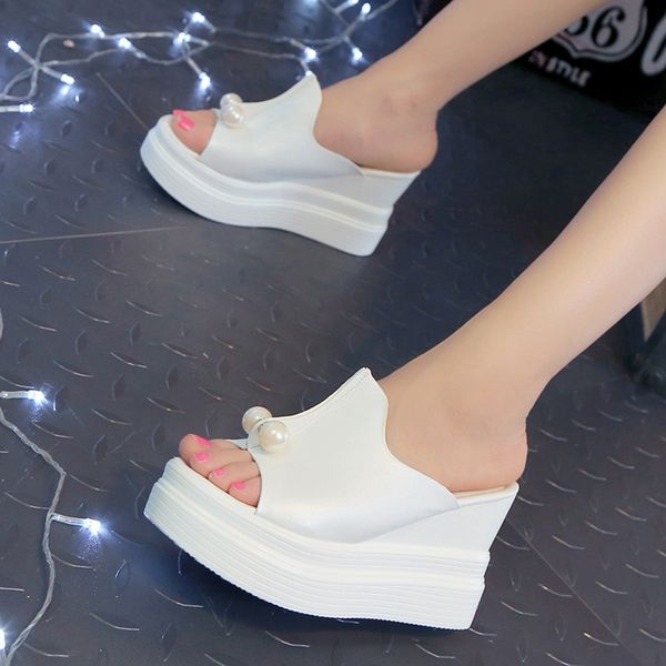 women's slippers female ladies slippers thick-bottom solid pearl waterproof wedge sandals peep toe slip-on shoes x1020, Black
women's slippers female ladies slippers thick-bottom solid pearl waterproof wedge sandals peep toe slip-on shoes x1020, Black