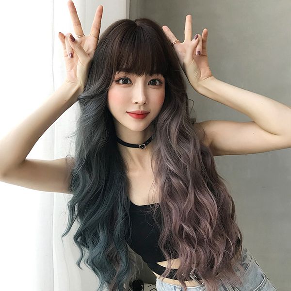 popular wig female long hair mandarin duck color full headgear big wave two-color full bangs full headgear, Black
popular wig female long hair mandarin duck color full headgear big wave two-color full bangs full headgear, Black
