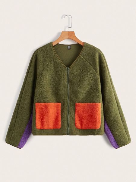 dual pocket raglan sleeve shearling jacket u6ev#, Black;brown 
dual pocket raglan sleeve shearling jacket u6ev#, Black;brown