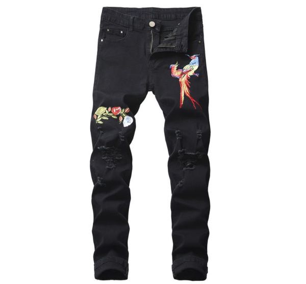 men's phoenix embroidery slim ripped jeans fashion black distressed flower patch high stretch cotton denim pants size 40 42, Blue
men's phoenix embroidery slim ripped jeans fashion black distressed flower patch high stretch cotton denim pants size 40 42, Blue