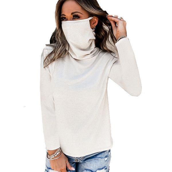 women stacked neck tshirt with mask long sleeve autumn solid color tees famale loose legging clothes, White
women stacked neck tshirt with mask long sleeve autumn solid color tees famale loose legging clothes, White