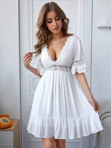 plunging neck lace trim a-line dress she, Black;gray 
plunging neck lace trim a-line dress she, Black;gray