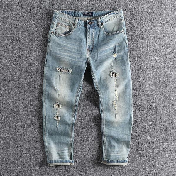 2020 light blue worn-out hole patched small straight leg pants american versatile slim fit jeans men's capris trouser 0597
2020 light blue worn-out hole patched small straight leg pants american versatile slim fit jeans men's capris trouser 0597