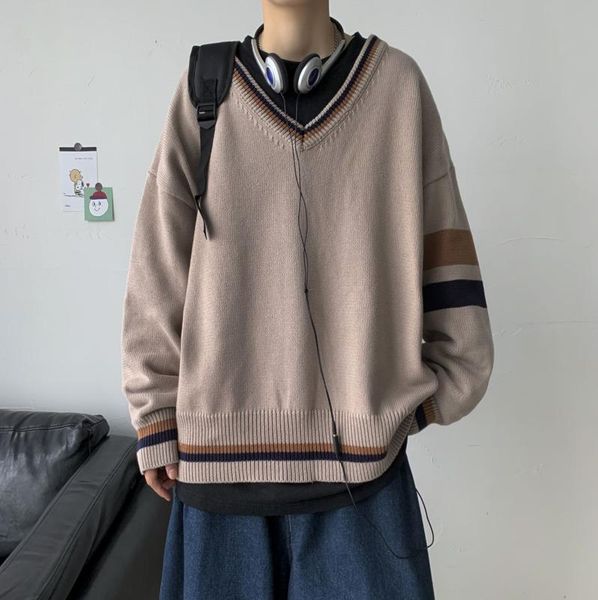 men's sweaters 2021 autumn and winter youth fashion loose matching color college style v neck sweater casual pullover, White;black
men's sweaters 2021 autumn and winter youth fashion loose matching color college style v neck sweater casual pullover, White;black