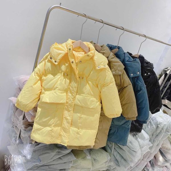 sydney star's same white duck children's medium and long solid color hooded down jacket, lightweight, Blue;gray 
sydney star's same white duck children's medium and long solid color hooded down jacket, lightweight, Blue;gray