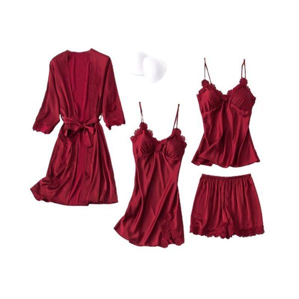 women silky 4pcs lace pajamas chest pads cami shorts nightgown robe set x3ue, Black;red
women silky 4pcs lace pajamas chest pads cami shorts nightgown robe set x3ue, Black;red