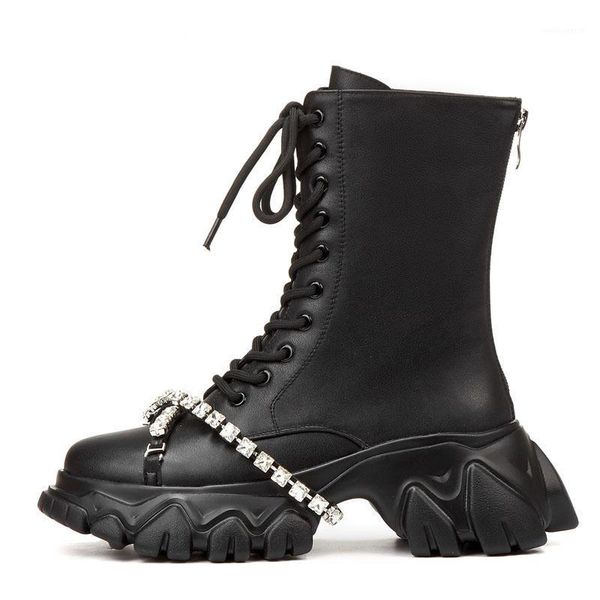 women's thick-soled autumn winter new style lace-up ankle boots british trifle rhinestone decor genuine leather fashion boots1, Black
women's thick-soled autumn winter new style lace-up ankle boots british trifle rhinestone decor genuine leather fashion boots1, Black