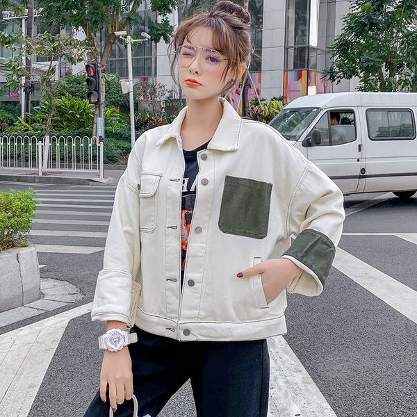 2021 spring women vintage colorblock denim loose lapel single breasted large pocket college jacket coat mobc, Black;brown
2021 spring women vintage colorblock denim loose lapel single breasted large pocket college jacket coat mobc, Black;brown