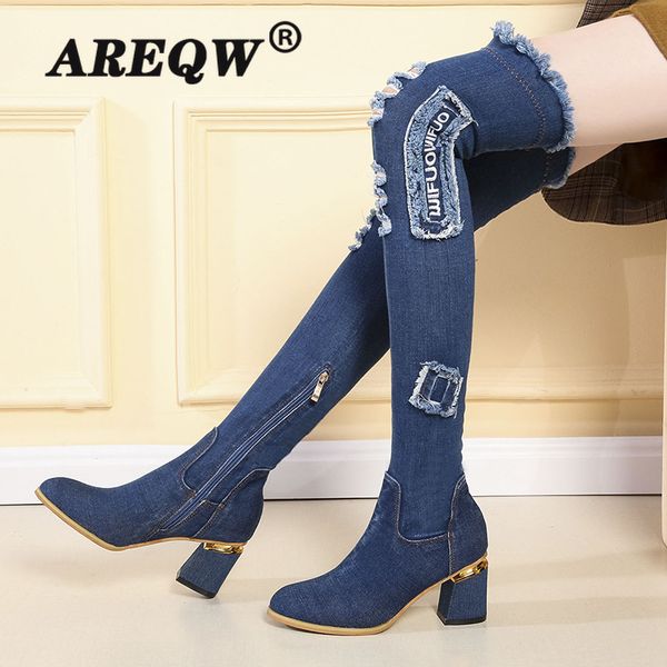 womens denim boots over the knee pointed toe thick high heels shoes woman casual tassel cut out jeans long botas mujer 1026, Black
womens denim boots over the knee pointed toe thick high heels shoes woman casual tassel cut out jeans long botas mujer 1026, Black