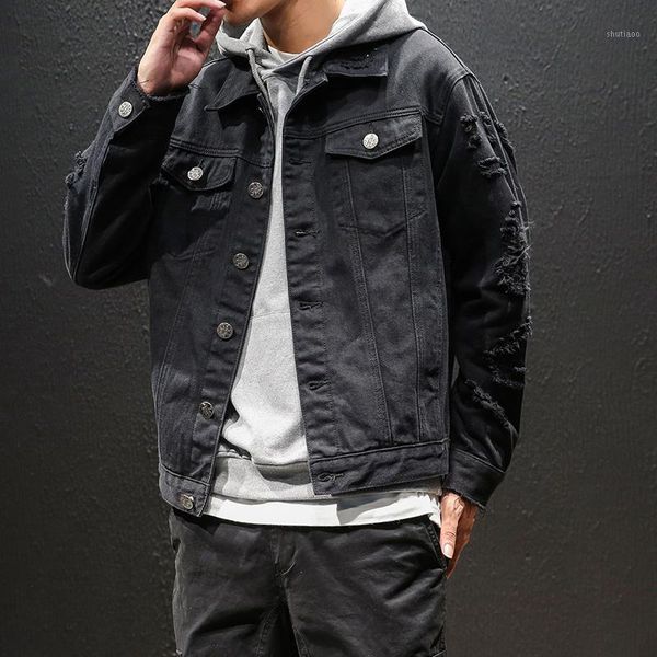 2020 ripped jeans jacket men retro denim jacket classic black pink lapel distressed washing frayed coat male1, Black;brown
2020 ripped jeans jacket men retro denim jacket classic black pink lapel distressed washing frayed coat male1, Black;brown