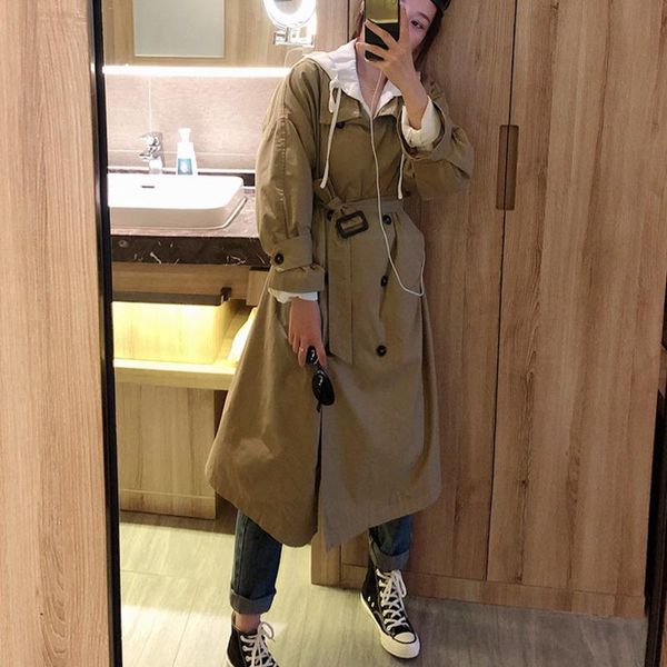women's trench coats 2021 autumn double breasted wide waisted long woman easy solid color belt loose coat, Tan;black
women's trench coats 2021 autumn double breasted wide waisted long woman easy solid color belt loose coat, Tan;black