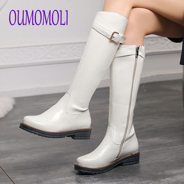 boots pu leather long woman motorcycle belt strap metal decoration buckle square heel knee high v378, Black