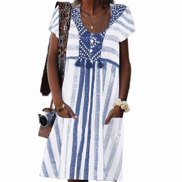 2021new women loose casual printed short sleeves stripe plus size tassel summer dress leisure short u-neck stripe with pocket, Black;gray
2021new women loose casual printed short sleeves stripe plus size tassel summer dress leisure short u-neck stripe with pocket, Black;gray
