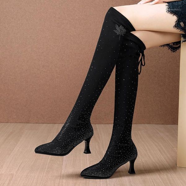 rimocy women pointed toe crystal over the knee boots autumn elastic flock high heels party shoes woman lace up long botas1, Black
rimocy women pointed toe crystal over the knee boots autumn elastic flock high heels party shoes woman lace up long botas1, Black