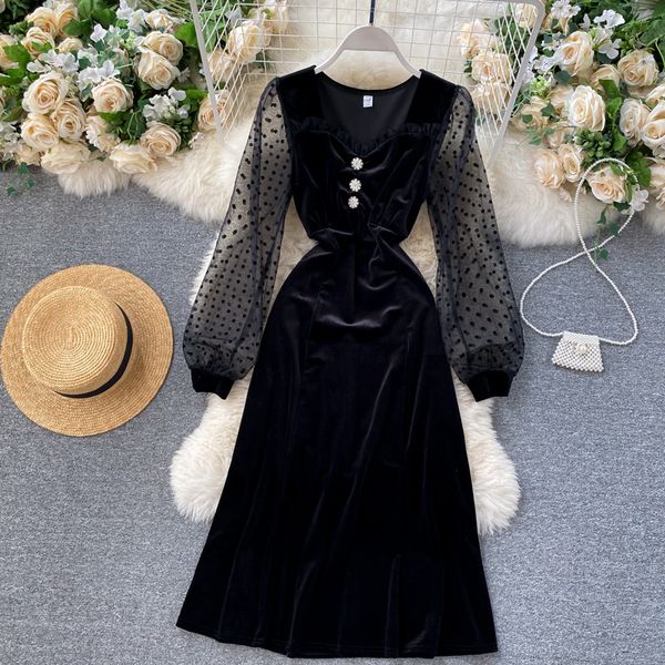 2021 new female splice from vintage mesh polka dot puff manga dressed in autumn to elegant line velvet dress xeol, Black;gray
2021 new female splice from vintage mesh polka dot puff manga dressed in autumn to elegant line velvet dress xeol, Black;gray
