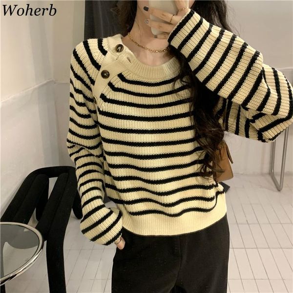 women's sweaters woherb fall 2021 women clothes knit sweater woman striped chic single breasted pullovers o-neck loose korean jumper su, White;black
women's sweaters woherb fall 2021 women clothes knit sweater woman striped chic single breasted pullovers o-neck loose korean jumper su, White;black