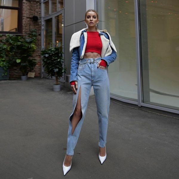 women's jeans women street style high waist pants denim pockets cut out long ripped straight with belt 2021 fashion, Blue