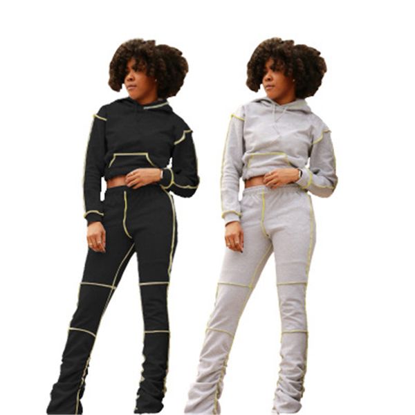 ladies solid color line sets fashion trend long sleeve hooded sweatshirt shrink pants suits designer female autumn casual loose tracksuits, Gray 
ladies solid color line sets fashion trend long sleeve hooded sweatshirt shrink pants suits designer female autumn casual loose tracksuits, Gray