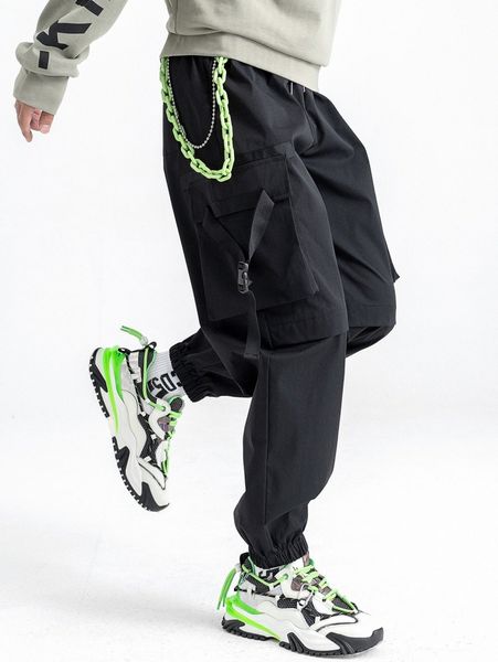 men drawstring waist buckle flap pocket cargo pants without chain s87o#, Black