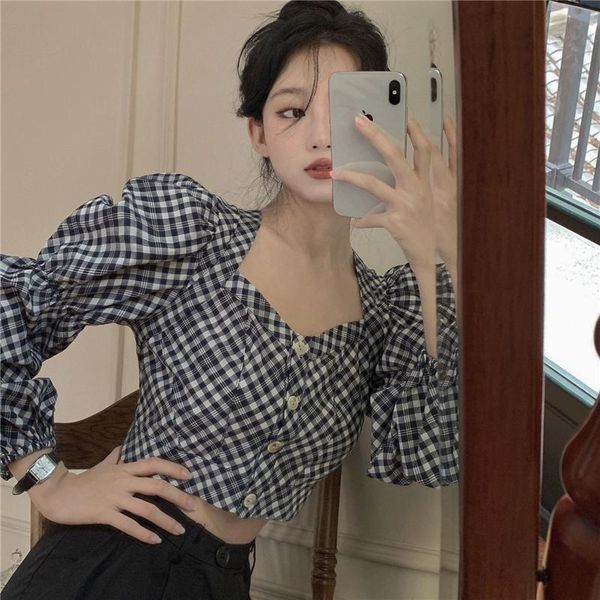 autumn french lantern sleeve retro v-neck shirt slim short plaid shirt niche blouse female, White
autumn french lantern sleeve retro v-neck shirt slim short plaid shirt niche blouse female, White