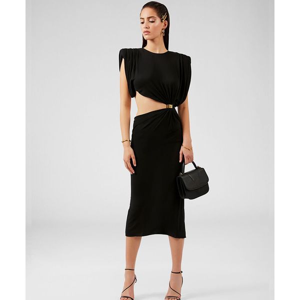 midi summer dress designer folded shoulders 2020 fashion black open waist round neck slit pencil slim skinny women dress, White;black
midi summer dress designer folded shoulders 2020 fashion black open waist round neck slit pencil slim skinny women dress, White;black