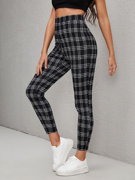 plaid high waist skinny pants s8gh#, Black;white