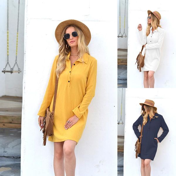2021 spring autumn new fashion lapel button women's mini dress casual loose solid long sleeve pocket ladies dresses, Black;gray 
2021 spring autumn new fashion lapel button women's mini dress casual loose solid long sleeve pocket ladies dresses, Black;gray