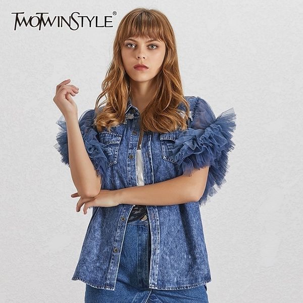 twotwinstyle summer mesh patchwork women jacket lapel sleeveless button big size denim coat female fashion clothes 2019 tide y200101, Black;brown
twotwinstyle summer mesh patchwork women jacket lapel sleeveless button big size denim coat female fashion clothes 2019 tide y200101, Black;brown