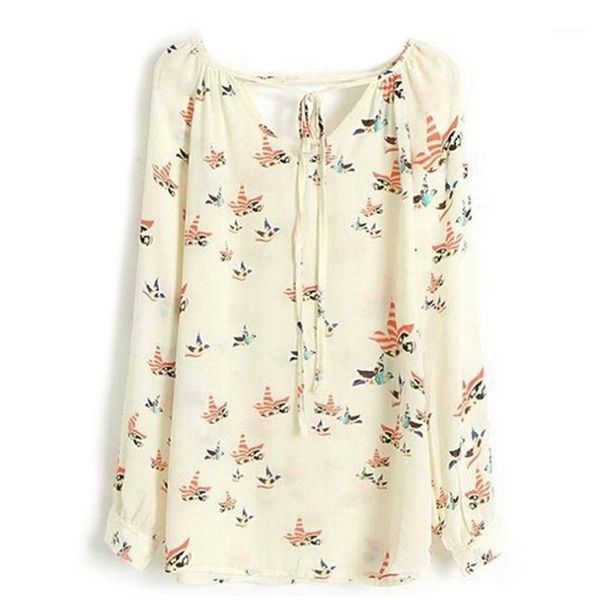 women color flying birds floral v-neck chiffon nude long sleeve casual shirt blouse l1, White
women color flying birds floral v-neck chiffon nude long sleeve casual shirt blouse l1, White