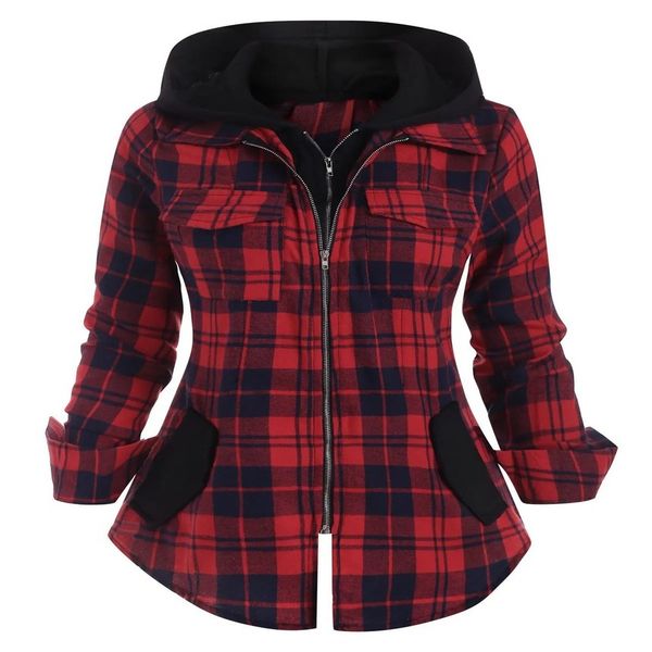 2021 new plaid pocket hooded long sve contrast women's zipper sweater shirt, White;black
2021 new plaid pocket hooded long sve contrast women's zipper sweater shirt, White;black