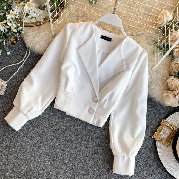 women's blouses & shirts vintage solid women summer v-neck long-sleeved button short high waist female outwear coat, White
women's blouses & shirts vintage solid women summer v-neck long-sleeved button short high waist female outwear coat, White