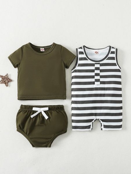 baby solid tee and shorts and striped romper she, White 
baby solid tee and shorts and striped romper she, White