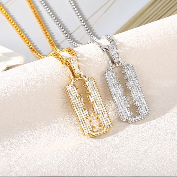 pendant necklaces cubic zircon men's hip hop jewelry pave rhinestone razor blade necklace gold stainless steel rope chain, Silver
pendant necklaces cubic zircon men's hip hop jewelry pave rhinestone razor blade necklace gold stainless steel rope chain, Silver