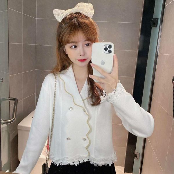 women french stitching lace knit outerwear coat loose long sleeves v-neck pearl button cardigan, White
women french stitching lace knit outerwear coat loose long sleeves v-neck pearl button cardigan, White