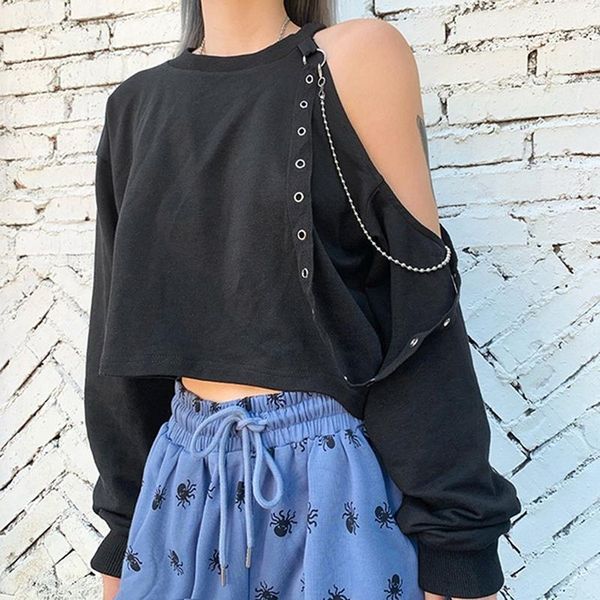 women long sleeve vintage punk gothic female t-shirts one off shoulder rivet chain hollow out t-shirt cropped chic, White
women long sleeve vintage punk gothic female t-shirts one off shoulder rivet chain hollow out t-shirt cropped chic, White
